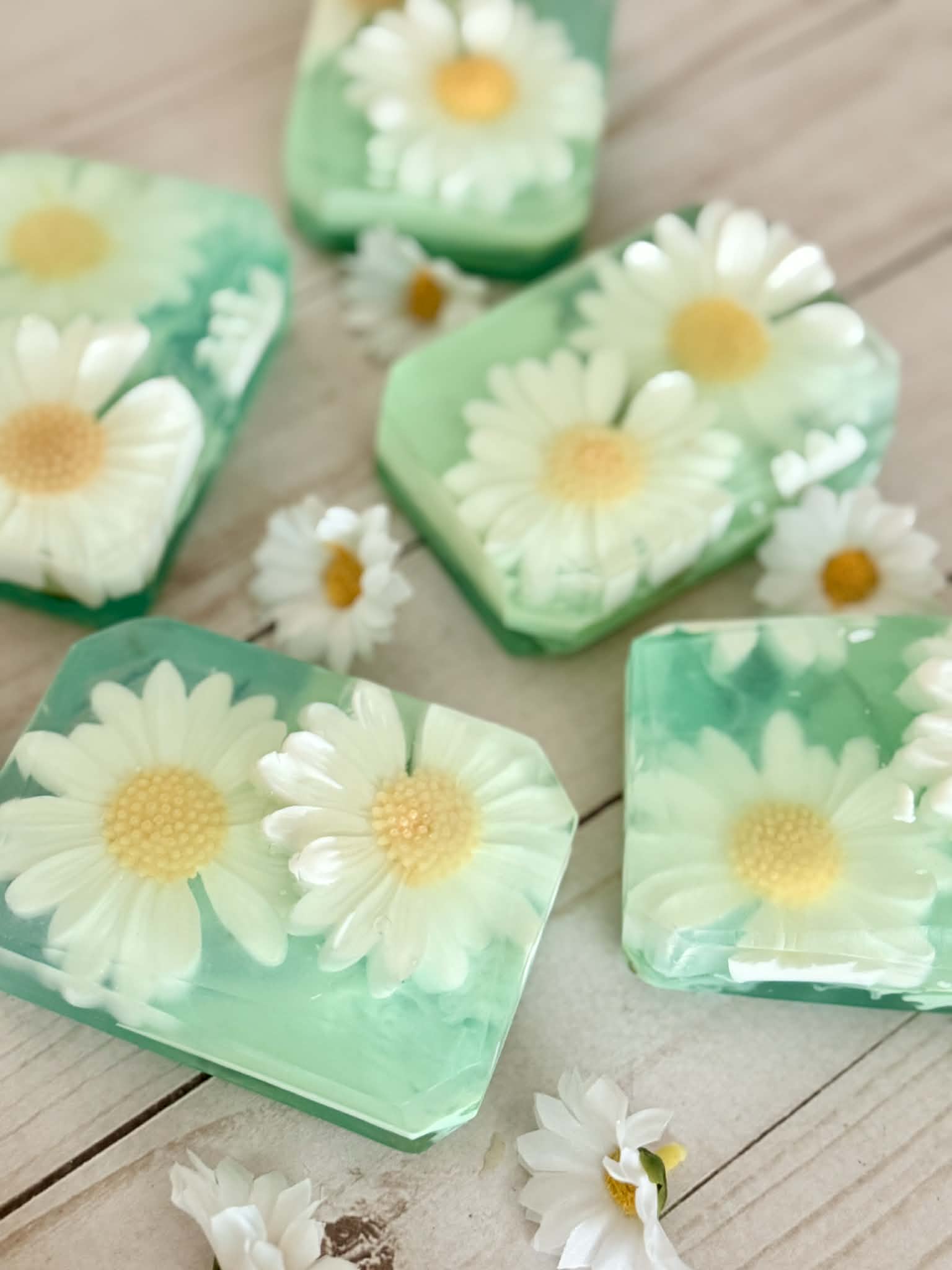 Green soap bars with white daisy flowers on a wooden surface
