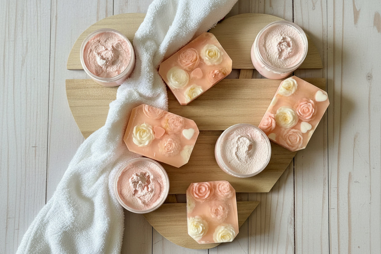 Decorative soaps with floral designs on a wooden board with a white towel.