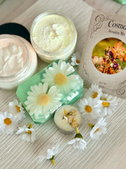Cosmetic products with floral elements on a textured surface